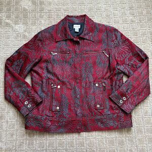 Chicos Embroidered Jacket Women's 2 Medium Snap Pockets Red Gray Artsy Abstract